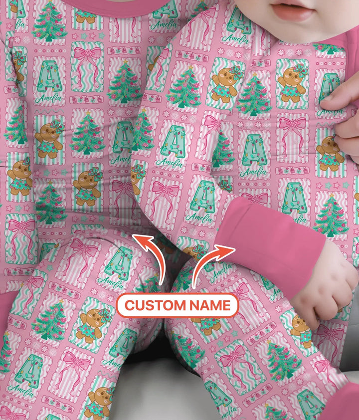 Custom Name "Merry Pink Christmas" Two Piece Long Sleeve Pajama Set , Custom Name "Merry Pink Christmas" Two Piece Long Sleeve Pajama Set - 12-18M