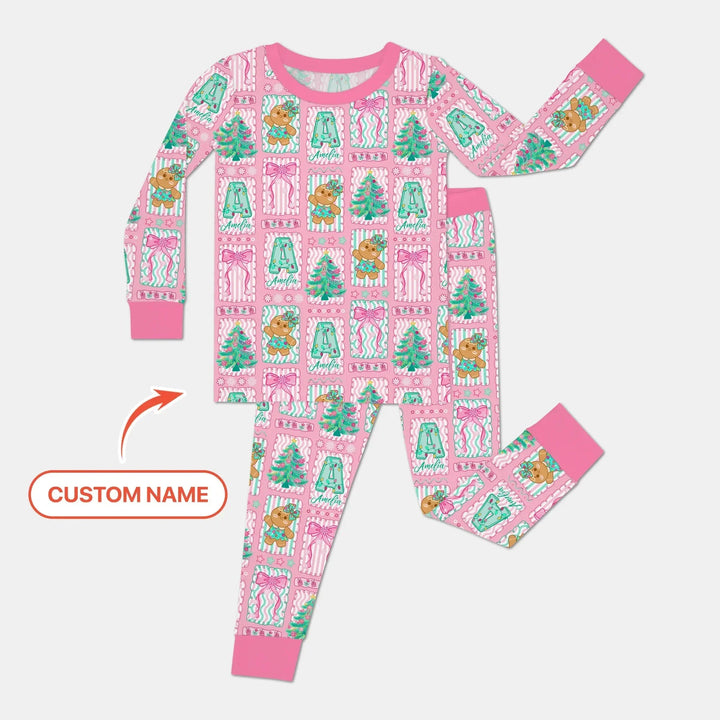 Custom Name "Merry Pink Christmas" Two Piece Long Sleeve Pajama Set , Custom Name "Merry Pink Christmas" Two Piece Long Sleeve Pajama Set - 12-18M
