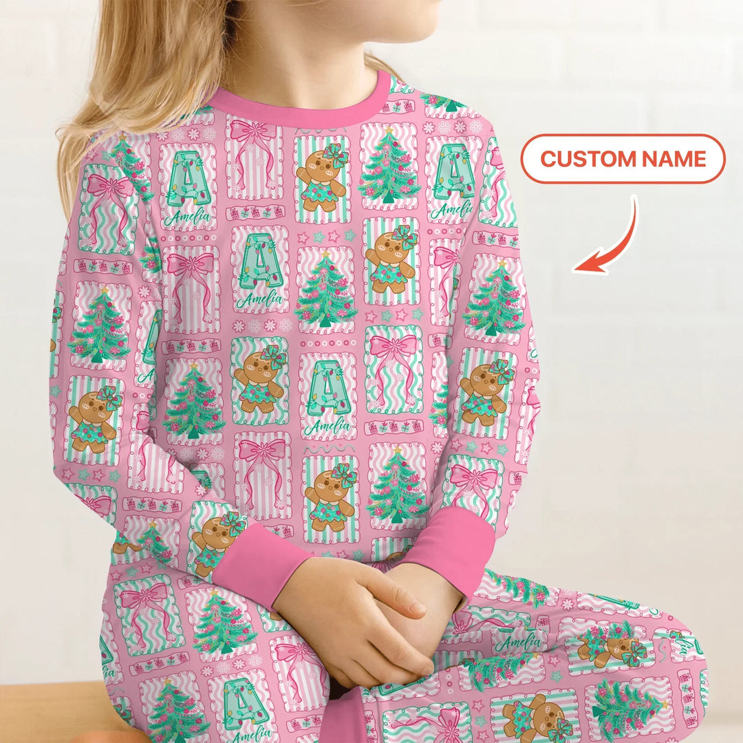 Custom Name "Merry Pink Christmas" Two Piece Long Sleeve Pajama Set , Custom Name "Merry Pink Christmas" Two Piece Long Sleeve Pajama Set - 12-18M