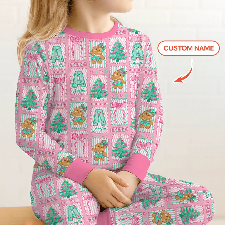 Custom Name "Merry Pink Christmas" Two Piece Long Sleeve Pajama Set , Custom Name "Merry Pink Christmas" Two Piece Long Sleeve Pajama Set - 12-18M