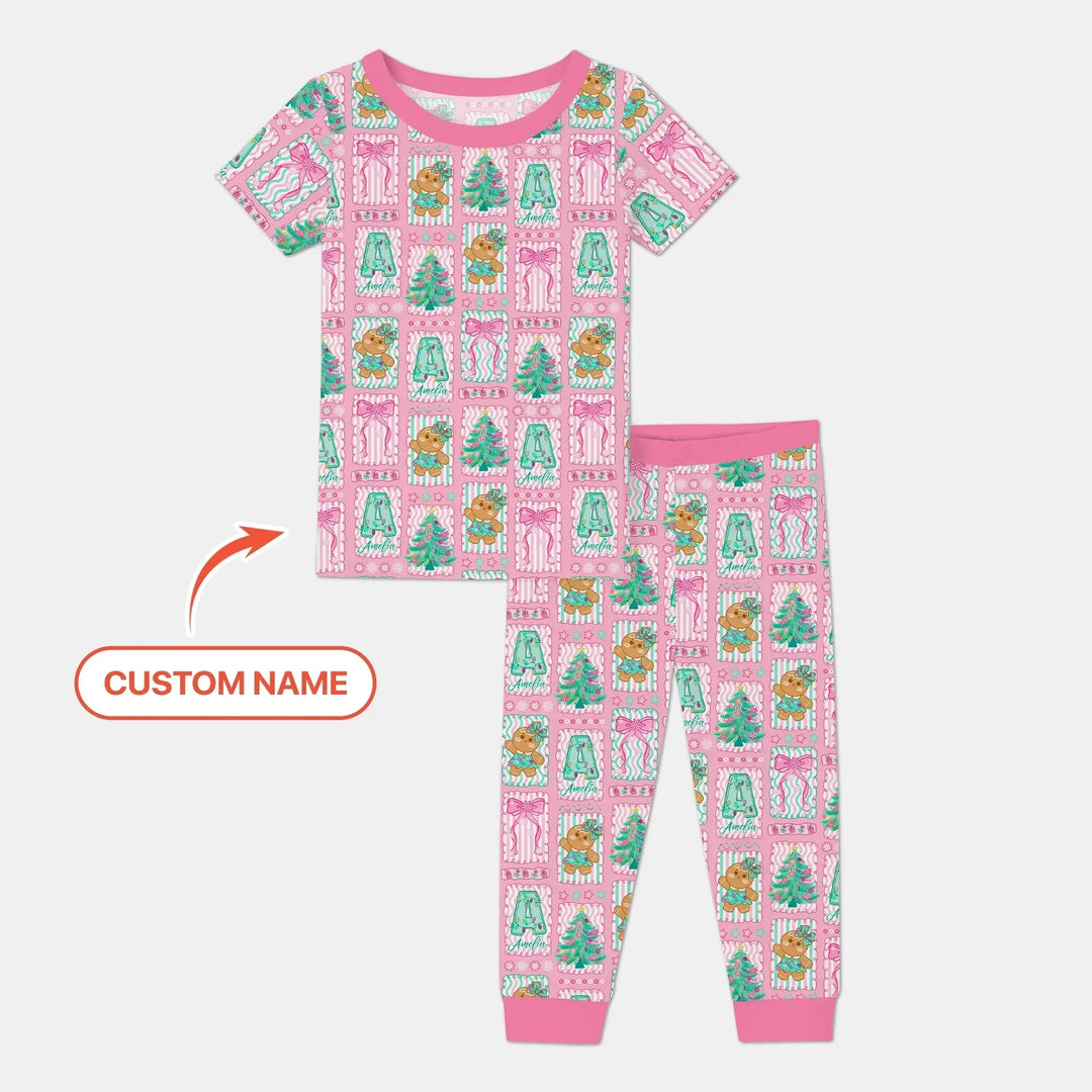 Custom Name "Merry Pink Christmas" Two Piece Short Sleeve Pajama Set , Custom Name "Merry Pink Christmas" Two Piece Short Sleeve Pajama Set - 12-18M