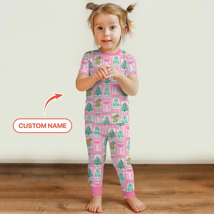 Custom Name "Merry Pink Christmas" Two Piece Short Sleeve Pajama Set , Custom Name "Merry Pink Christmas" Two Piece Short Sleeve Pajama Set - 12-18M