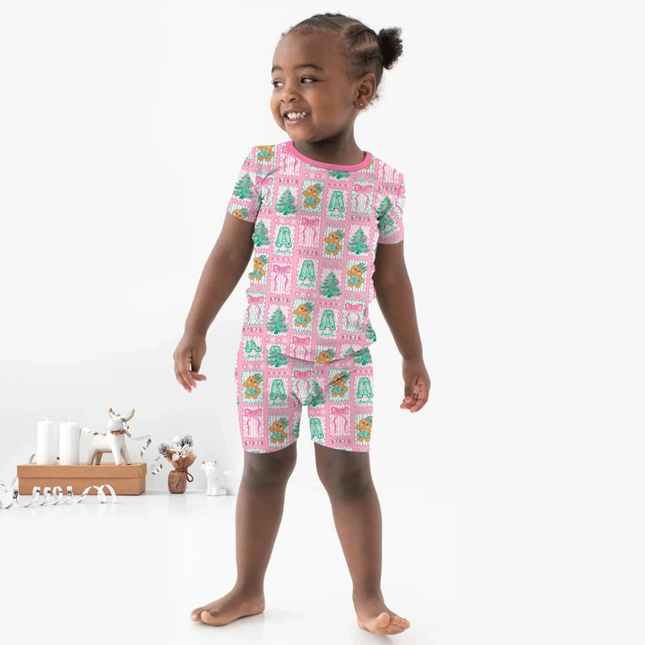 Custom Name "Merry Pink Christmas" Two Piece Short Sleeve Shorts Pajama Set , Custom Name "Merry Pink Christmas" Two Piece Short Sleeve Shorts Pajama Set - 12-18M