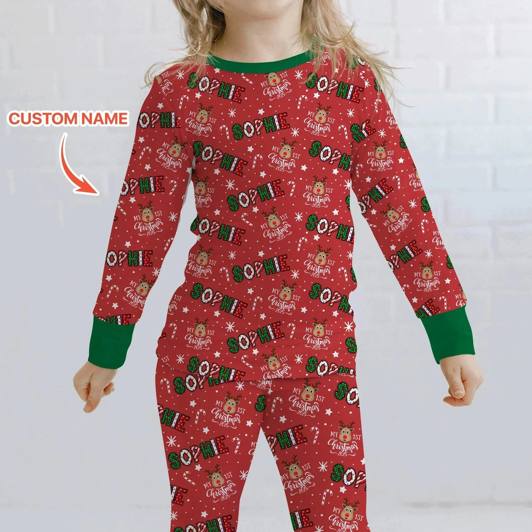 Custom Name "My First Christmas 2025" Two Piece Long Sleeve Pajama Set , Custom Name "My First Christmas 2025" Two Piece Long Sleeve Pajama Set - 12-18M