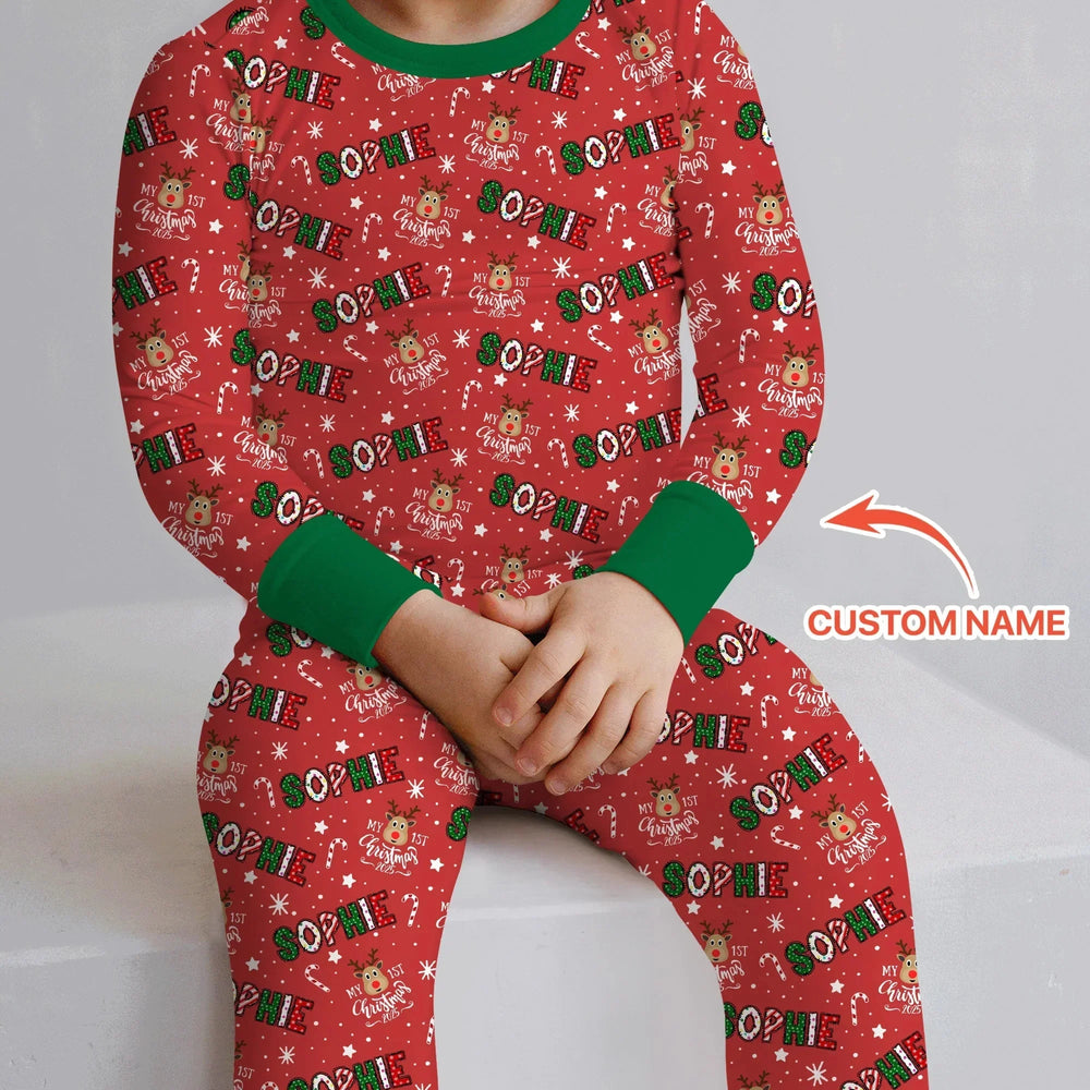 Custom Name "My First Christmas 2025" Two Piece Long Sleeve Pajama Set , Custom Name "My First Christmas 2025" Two Piece Long Sleeve Pajama Set - 12-18M