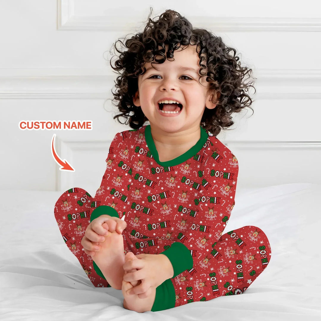 Custom Name "My First Christmas 2025" Two Piece Long Sleeve Pajama Set , Custom Name "My First Christmas 2025" Two Piece Long Sleeve Pajama Set - 12-18M