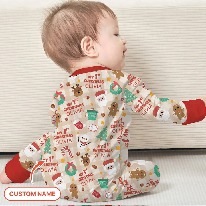 Custom Name My First Christmas Mocha Gingham Convertible Zippy , Custom Name My First Christmas Mocha Gingham Convertible Zippy - 0-3M