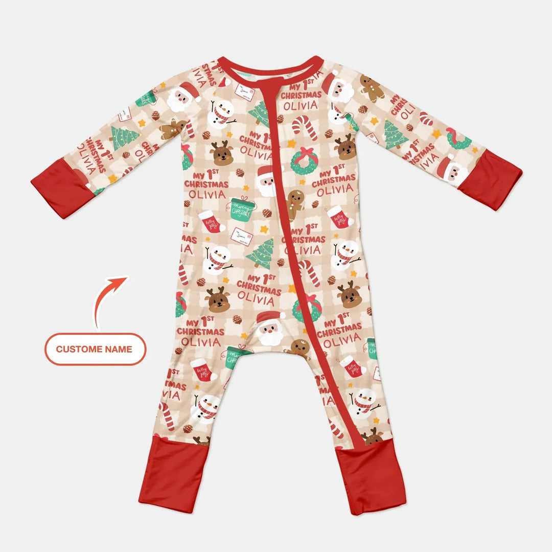 Custom Name My First Christmas Mocha Gingham Convertible Zippy , Custom Name My First Christmas Mocha Gingham Convertible Zippy - 0-3M
