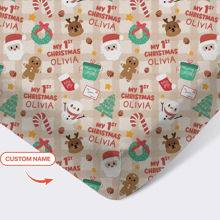 Custom Name My First Christmas Mocha Gingham Fitted Crib Sheet , Custom Name My First Christmas Mocha Gingham Fitted Crib Sheet - Default Title