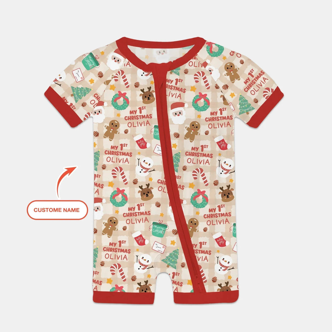 Custom Name My First Christmas Mocha Gingham Shorty Zippy , Custom Name My First Christmas Mocha Gingham Shorty Zippy - 0-3M