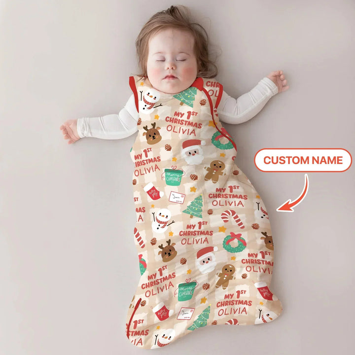 Custom Name My First Christmas Mocha Gingham Sleep Bag , Custom Name My First Christmas Mocha Gingham Sleep Bag - XS / 0.5 TOG