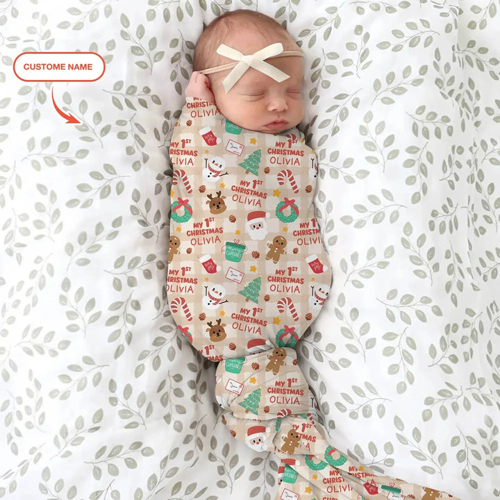 Custom Name My First Christmas Mocha Gingham Swaddle Blanket , Custom Name My First Christmas Mocha Gingham Swaddle Blanket - Default Title