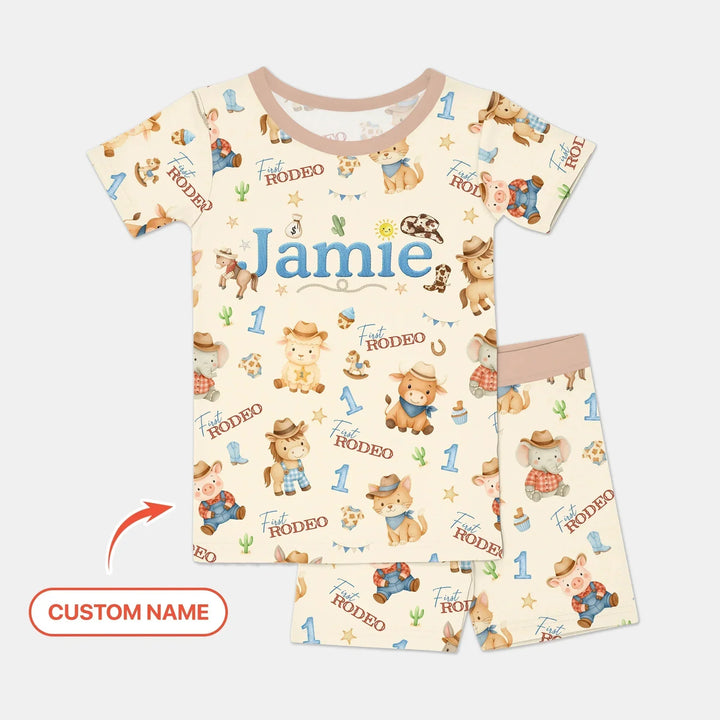 Custom Name My First Rodeo 1st birthday Two Piece Short Sleeve Shorts Pajama Set , Custom Name My First Rodeo 1st birthday Two Piece Short Sleeve Shorts Pajama Set - 12-18M