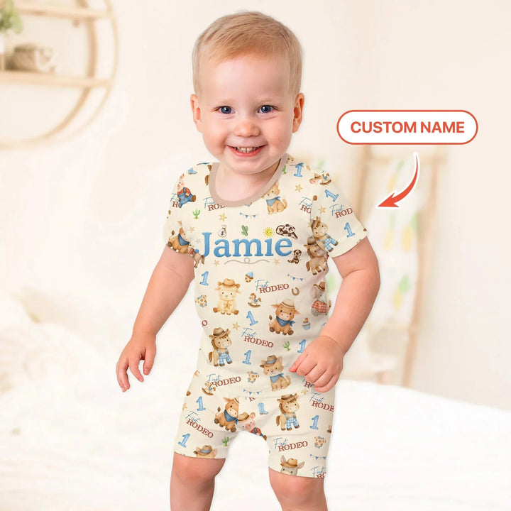 Custom Name My First Rodeo 1st birthday Two Piece Short Sleeve Shorts Pajama Set , Custom Name My First Rodeo 1st birthday Two Piece Short Sleeve Shorts Pajama Set - 12-18M
