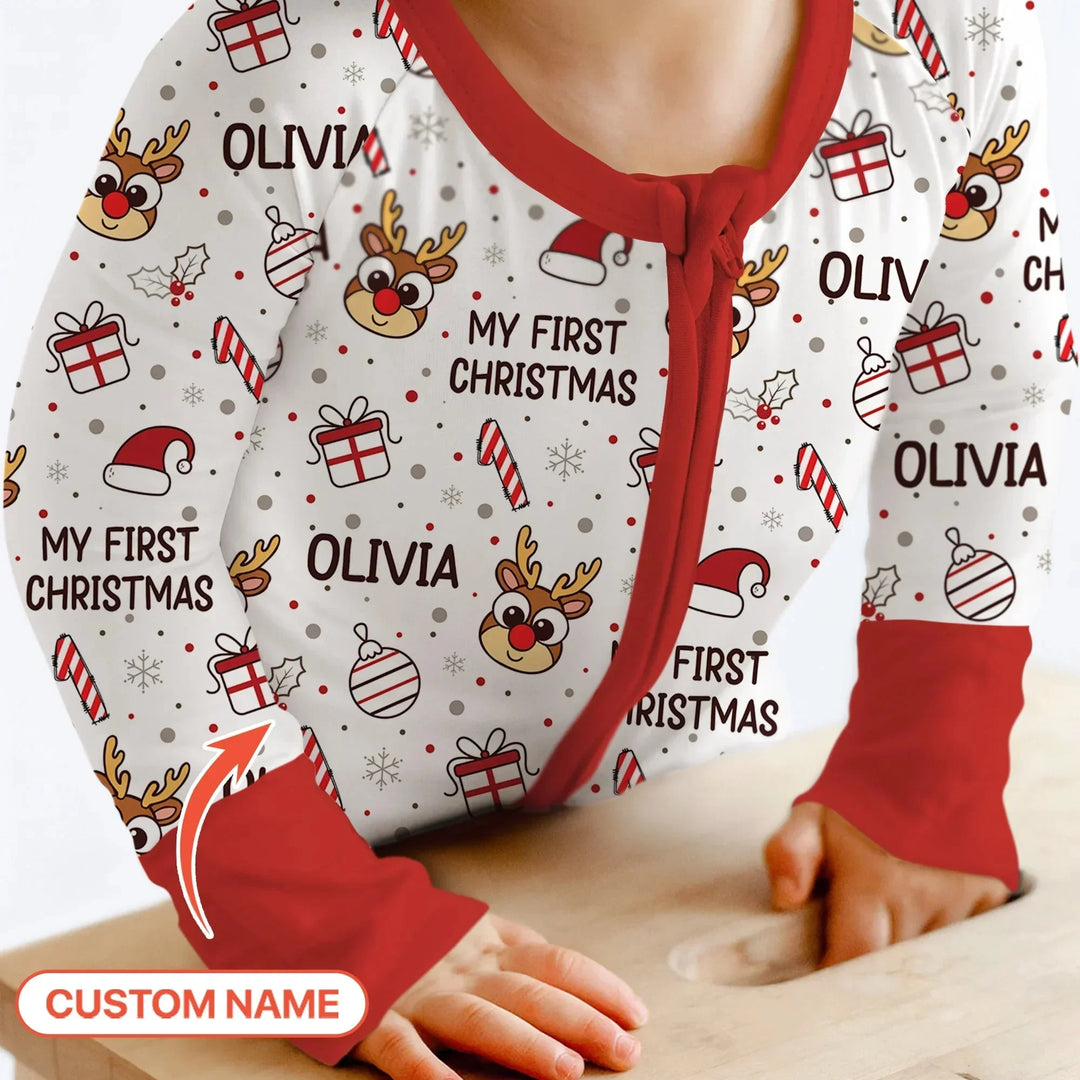 Custom Name Reindeer Doodle My First Christmas Convertible Zippy , Custom Name Reindeer Doodle My First Christmas Convertible Zippy - 0-3M