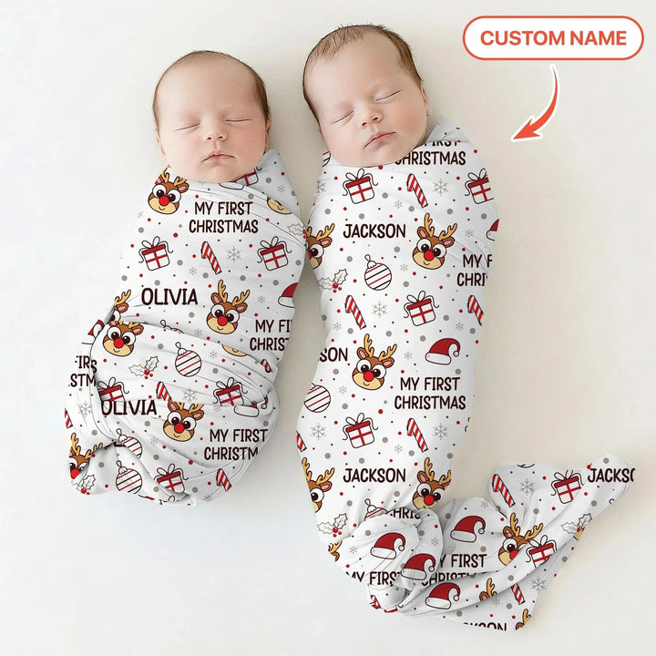 Custom Name Reindeer Doodle My First Christmas Swaddle Blanket , Custom Name Reindeer Doodle My First Christmas Swaddle Blanket - Default Title