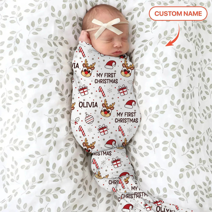 Custom Name Reindeer Doodle My First Christmas Swaddle Blanket , Custom Name Reindeer Doodle My First Christmas Swaddle Blanket - Default Title