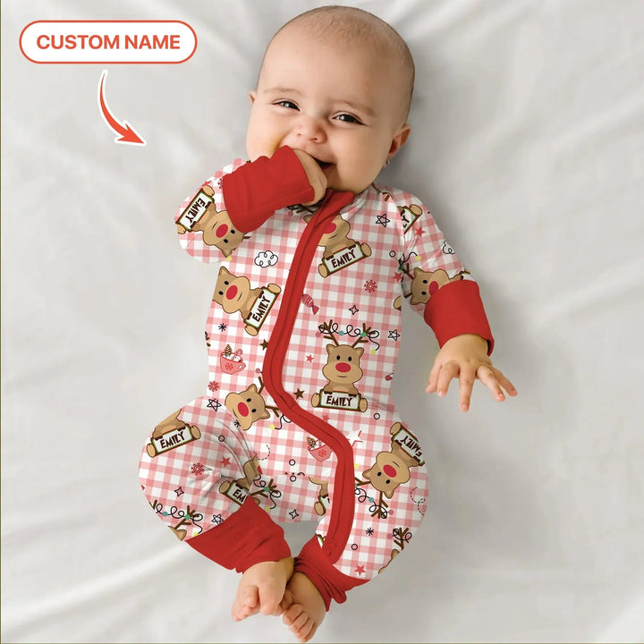 Custom Name Reindeer Gingham Convertible Zippy , Custom Name Reindeer Gingham Convertible Zippy - 0-3M