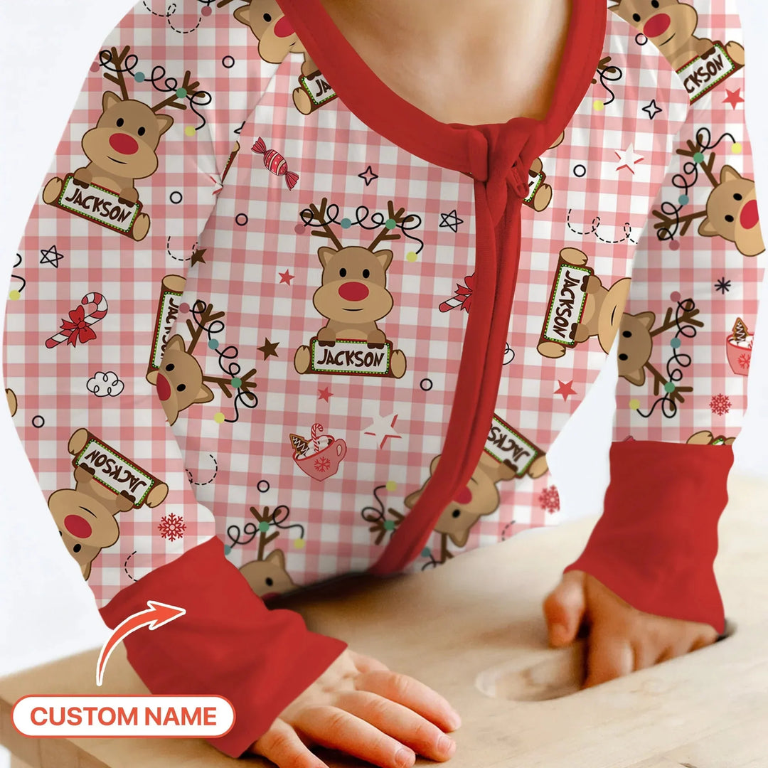 Custom Name Reindeer Gingham Convertible Zippy , Custom Name Reindeer Gingham Convertible Zippy - 0-3M