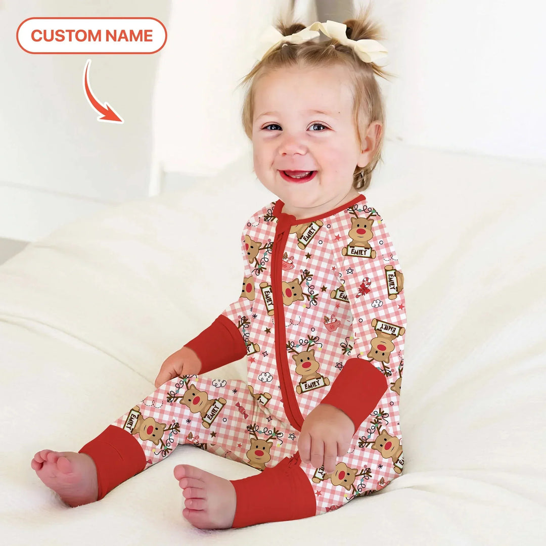 Custom Name Reindeer Gingham Convertible Zippy , Custom Name Reindeer Gingham Convertible Zippy - 0-3M