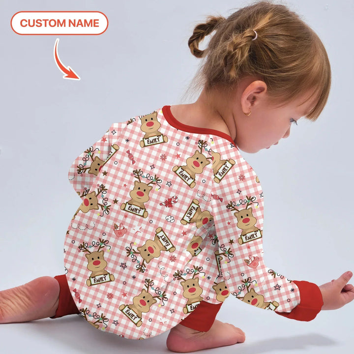 Custom Name Reindeer Gingham Convertible Zippy , Custom Name Reindeer Gingham Convertible Zippy - 0-3M