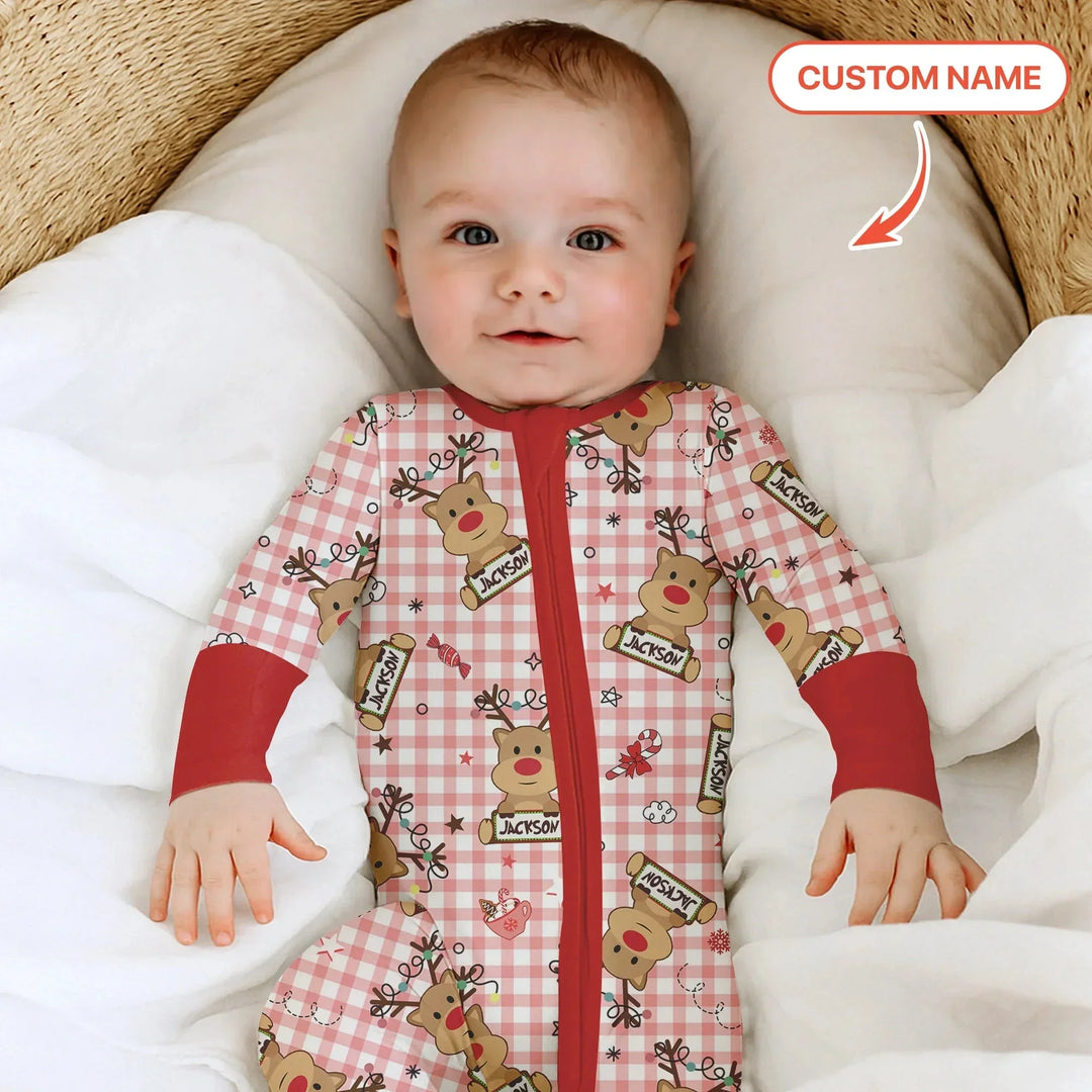 Custom Name Reindeer Gingham Convertible Zippy , Custom Name Reindeer Gingham Convertible Zippy - 0-3M