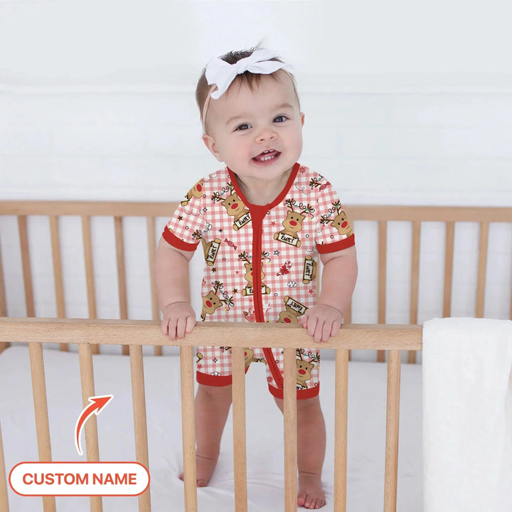 Custom Name Reindeer Gingham Shorty Zippy , Custom Name Reindeer Gingham Shorty Zippy - 0-3M