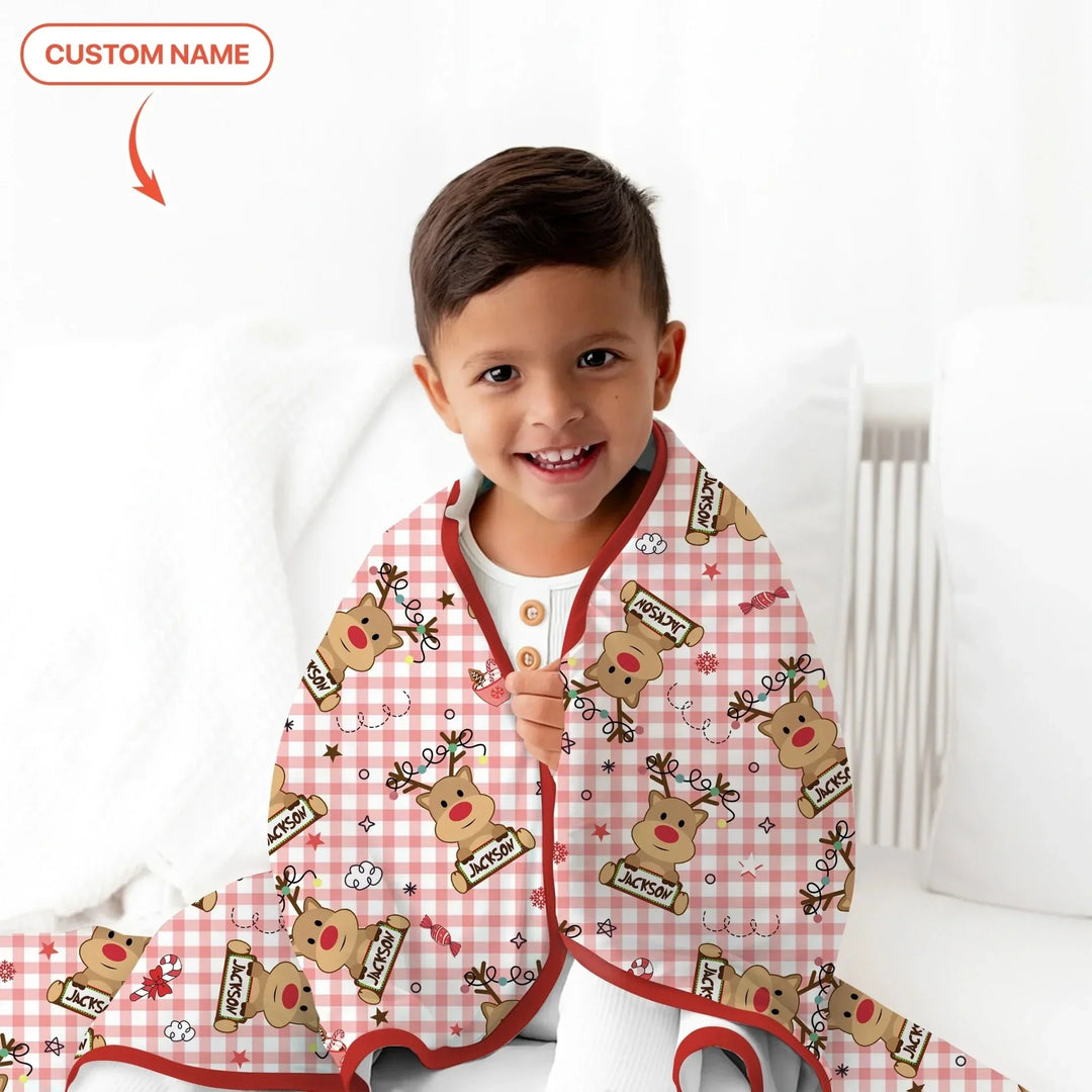 Custom Name Reindeer Gingham Toddler Blanket , Custom Name Reindeer Gingham Toddler Blanket - Default Title