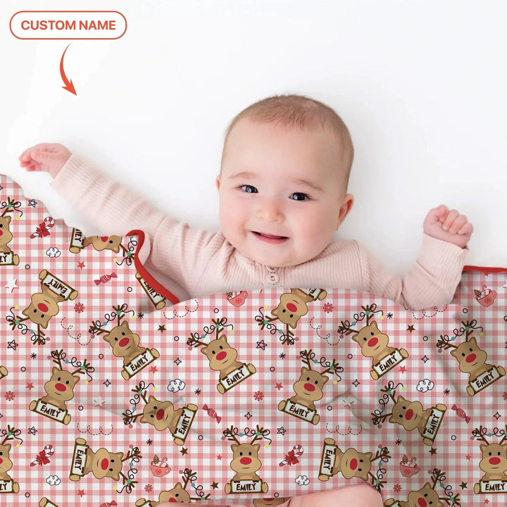Custom Name Reindeer Gingham Toddler Blanket , Custom Name Reindeer Gingham Toddler Blanket - Default Title