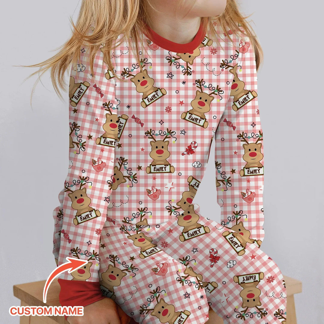 Custom Name Reindeer Gingham Two Piece Long Sleeve Pajama Set , Custom Name Reindeer Gingham Two Piece Long Sleeve Pajama Set - 12-18M