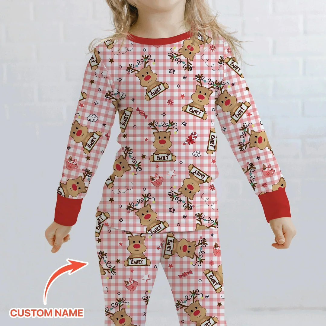 Custom Name Reindeer Gingham Two Piece Long Sleeve Pajama Set , Custom Name Reindeer Gingham Two Piece Long Sleeve Pajama Set - 12-18M