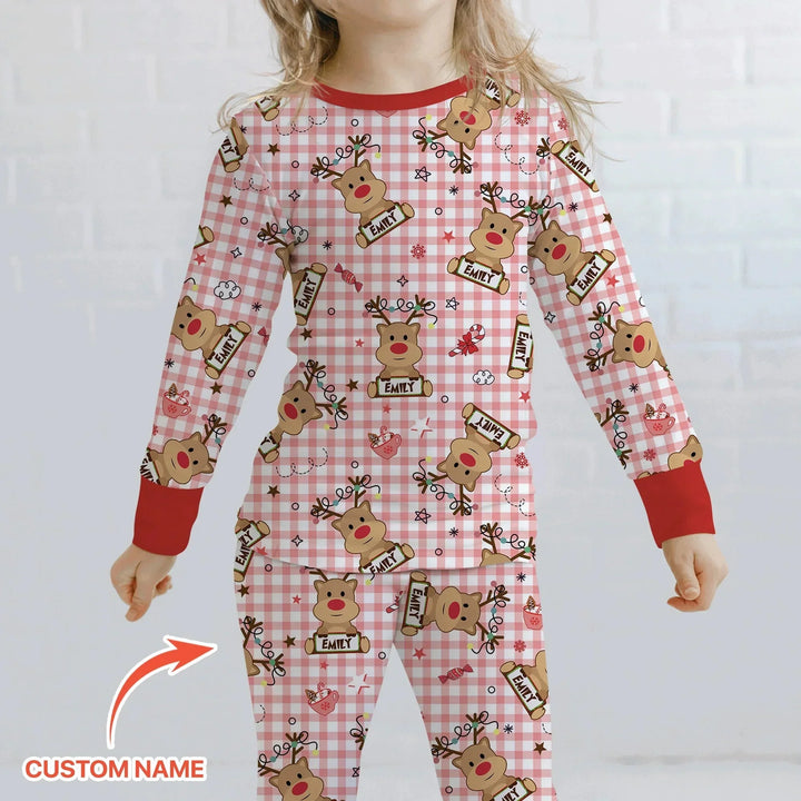 Custom Name Reindeer Gingham Two Piece Long Sleeve Pajama Set , Custom Name Reindeer Gingham Two Piece Long Sleeve Pajama Set - 12-18M