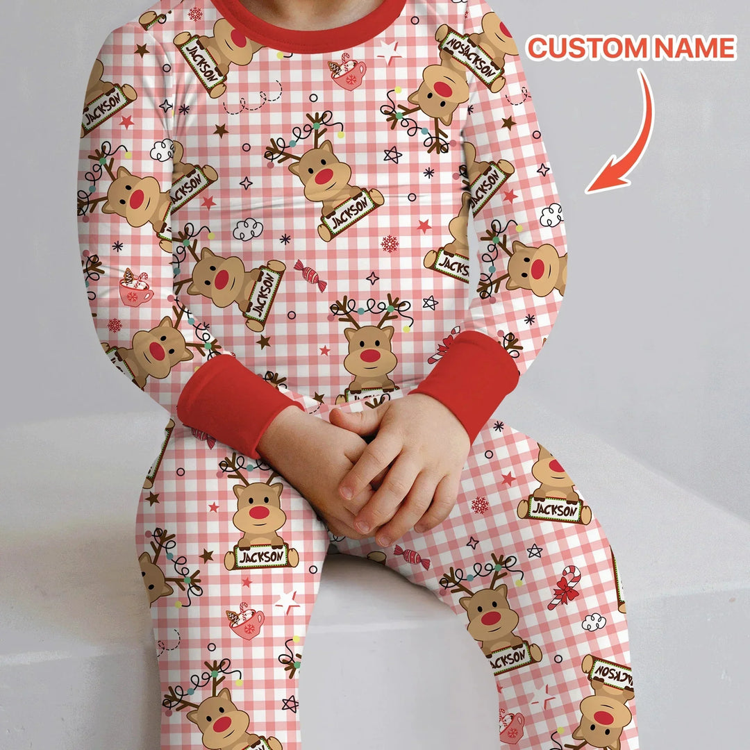 Custom Name Reindeer Gingham Two Piece Long Sleeve Pajama Set , Custom Name Reindeer Gingham Two Piece Long Sleeve Pajama Set - 12-18M