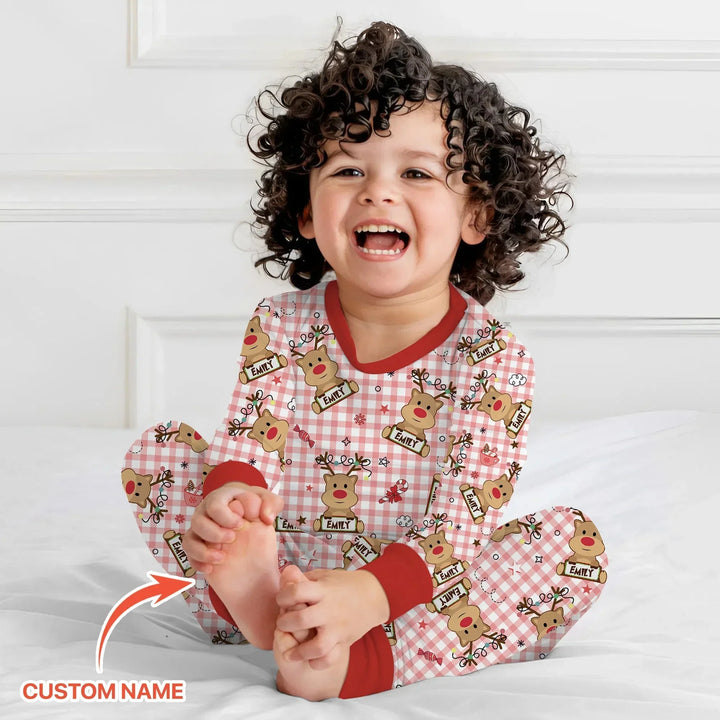 Custom Name Reindeer Gingham Two Piece Long Sleeve Pajama Set , Custom Name Reindeer Gingham Two Piece Long Sleeve Pajama Set - 12-18M