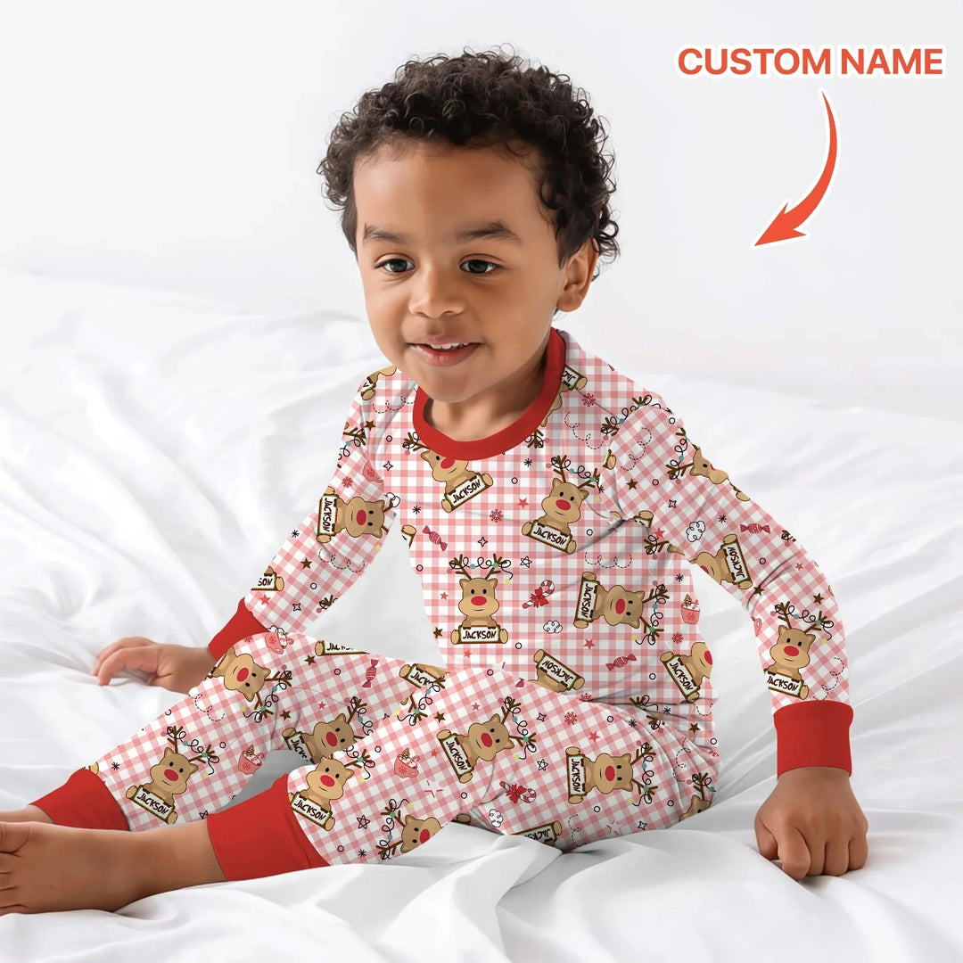 Custom Name Reindeer Gingham Two Piece Long Sleeve Pajama Set , Custom Name Reindeer Gingham Two Piece Long Sleeve Pajama Set - 12-18M