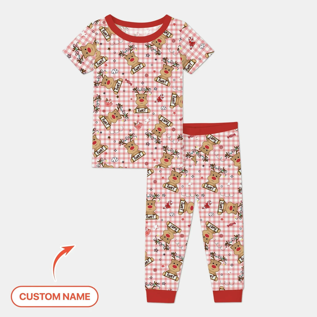 Custom Name Reindeer Gingham Two Piece Short Sleeve Pajama Set , Custom Name Reindeer Gingham Two Piece Short Sleeve Pajama Set - 12-18M