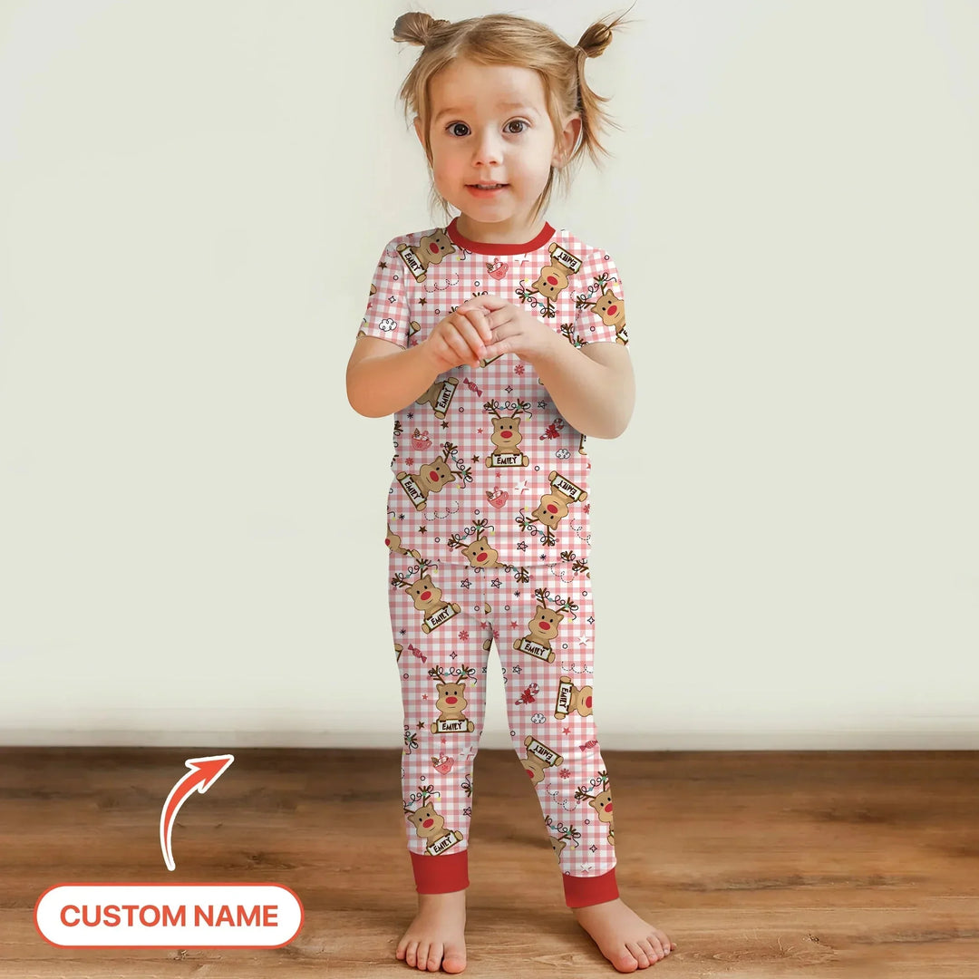 Custom Name Reindeer Gingham Two Piece Short Sleeve Pajama Set , Custom Name Reindeer Gingham Two Piece Short Sleeve Pajama Set - 12-18M