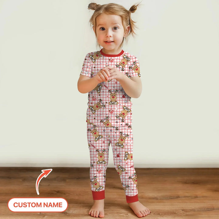 Custom Name Reindeer Gingham Two Piece Short Sleeve Pajama Set , Custom Name Reindeer Gingham Two Piece Short Sleeve Pajama Set - 12-18M