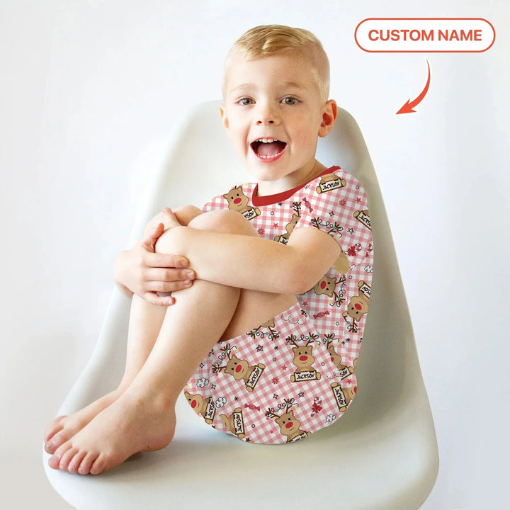 Custom Name Reindeer Gingham Two Piece Short Sleeve Shorts Pajama Set , Custom Name Reindeer Gingham Two Piece Short Sleeve Shorts Pajama Set - 12-18M