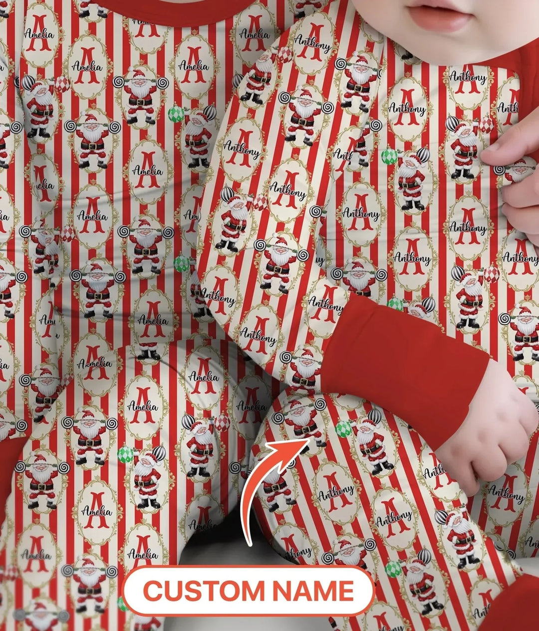 Custom Name Santa Stripes Two Piece Long Sleeve Pajama Set , Custom Name Santa Stripes Two Piece Long Sleeve Pajama Set - 12-18M