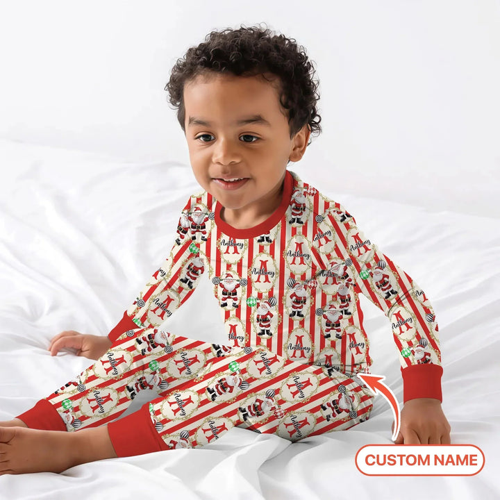 Custom Name Santa Stripes Two Piece Long Sleeve Pajama Set , Custom Name Santa Stripes Two Piece Long Sleeve Pajama Set - 12-18M