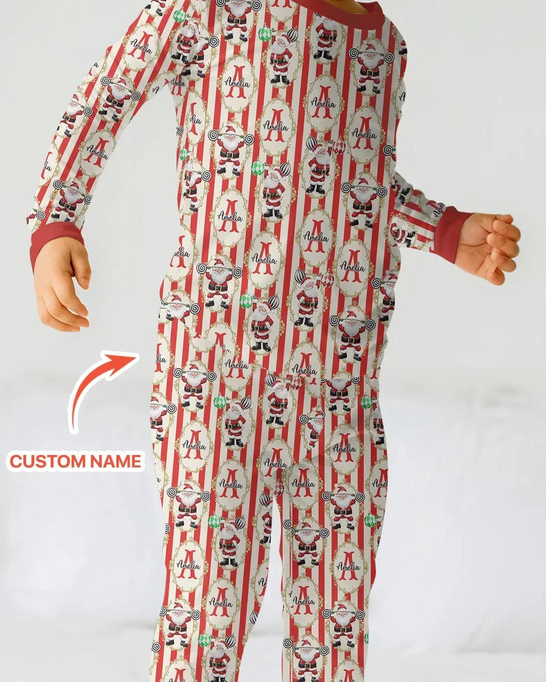 Custom Name Santa Stripes Two Piece Long Sleeve Pajama Set , Custom Name Santa Stripes Two Piece Long Sleeve Pajama Set - 12-18M