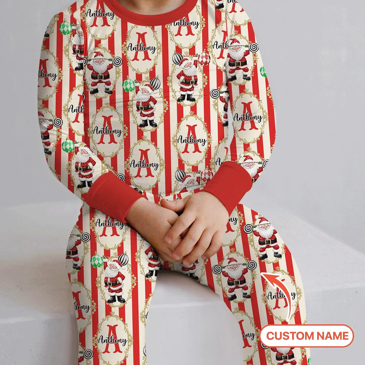 Custom Name Santa Stripes Two Piece Long Sleeve Pajama Set , Custom Name Santa Stripes Two Piece Long Sleeve Pajama Set - 12-18M
