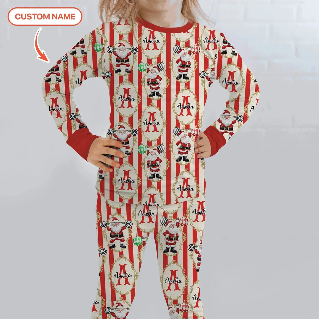 Custom Name Santa Stripes Two Piece Long Sleeve Pajama Set , Custom Name Santa Stripes Two Piece Long Sleeve Pajama Set - 12-18M