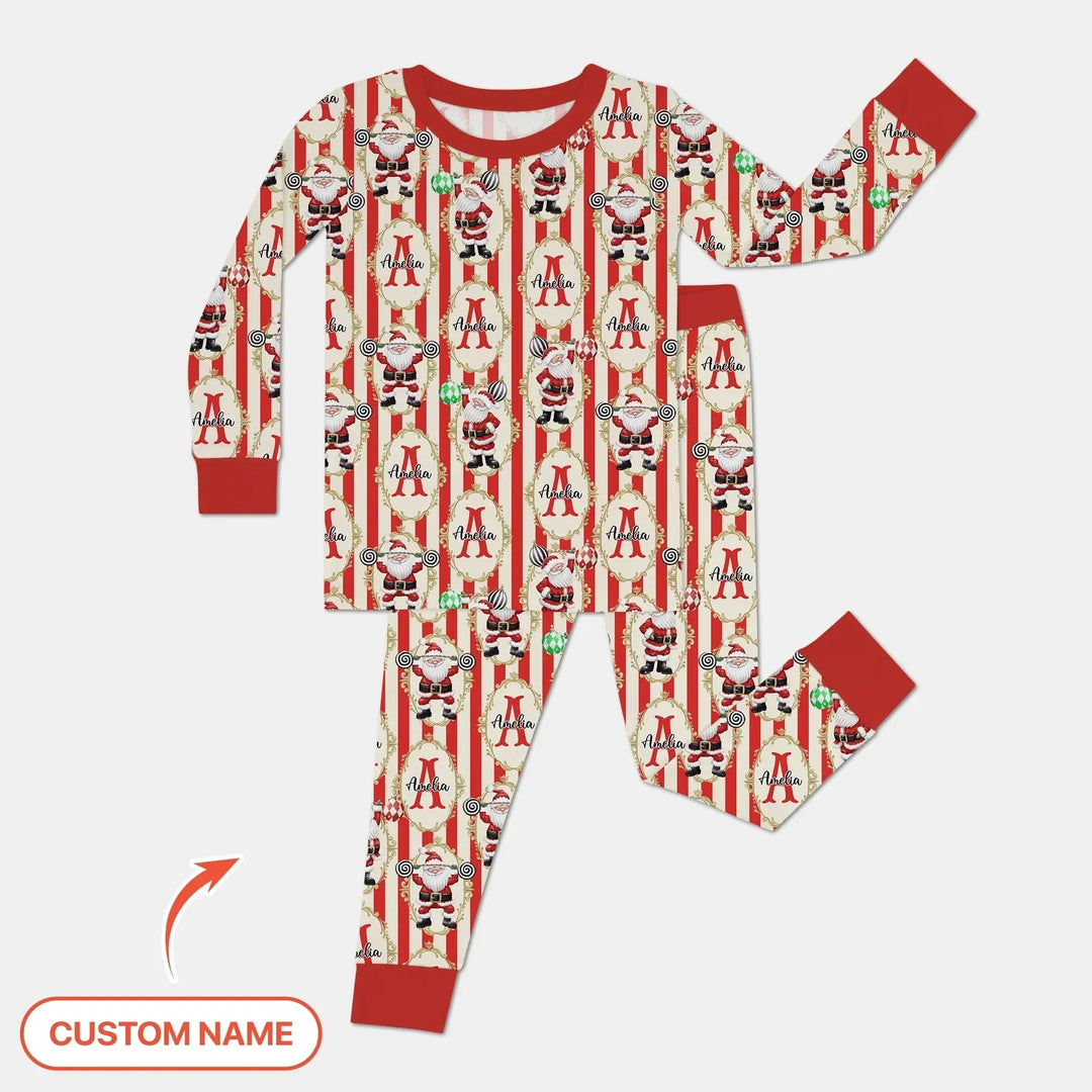Custom Name Santa Stripes Two Piece Long Sleeve Pajama Set , Custom Name Santa Stripes Two Piece Long Sleeve Pajama Set - 12-18M