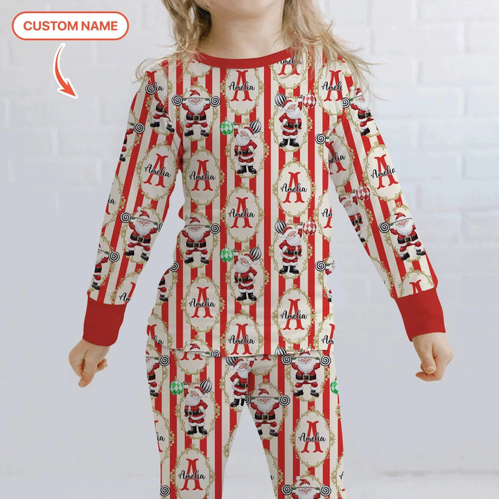 Custom Name Santa Stripes Two Piece Long Sleeve Pajama Set , Custom Name Santa Stripes Two Piece Long Sleeve Pajama Set - 12-18M