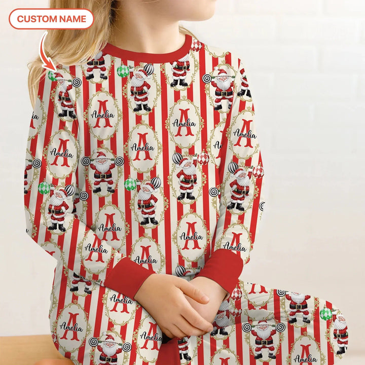 Custom Name Santa Stripes Two Piece Long Sleeve Pajama Set , Custom Name Santa Stripes Two Piece Long Sleeve Pajama Set - 12-18M