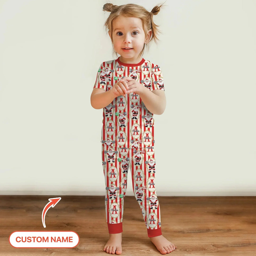 Custom Name Santa Stripes Two Piece Short Sleeve Pajama Set , Custom Name Santa Stripes Two Piece Short Sleeve Pajama Set - 12-18M