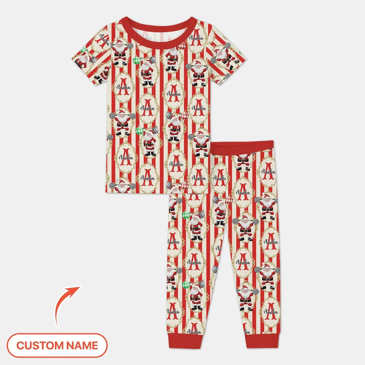 Custom Name Santa Stripes Two Piece Short Sleeve Pajama Set , Custom Name Santa Stripes Two Piece Short Sleeve Pajama Set - 12-18M