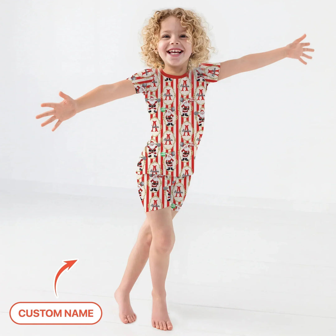 Custom Name Santa Stripes Two Piece Short Sleeve Shorts Pajama Set , Custom Name Santa Stripes Two Piece Short Sleeve Shorts Pajama Set - 12-18M